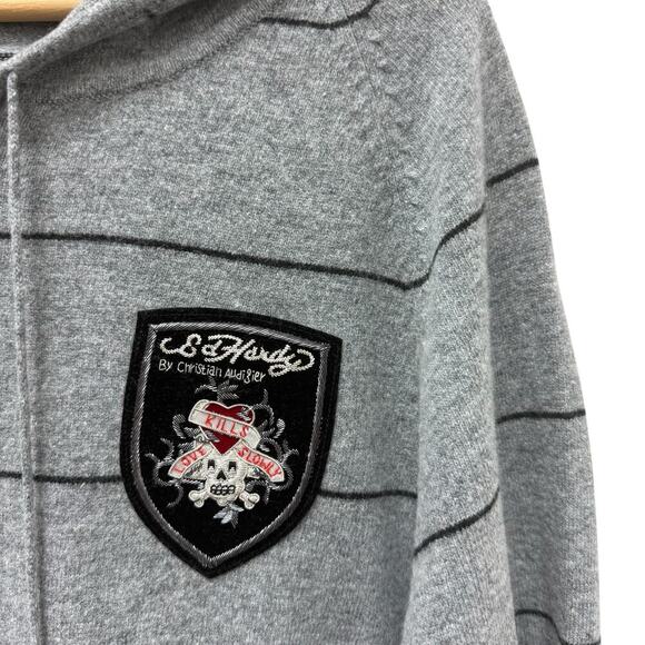 NWT Ed Hardy Mens Patch Knitted Striped Zip Up Hoodie Sweater Gray Size XL - Picture 2 of 10